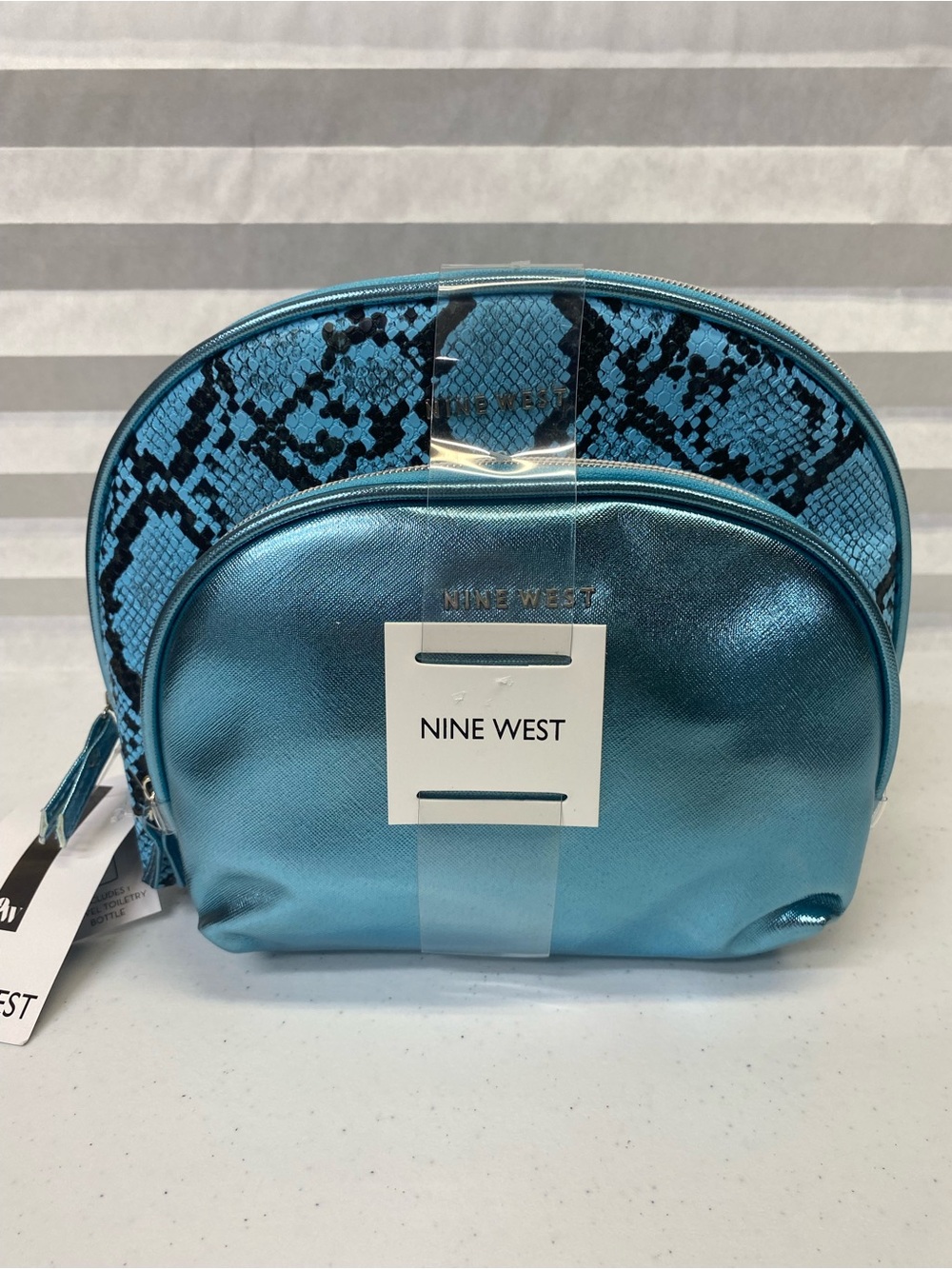 Boho western snake skin print cosmetic bags travel set blue packable NEW